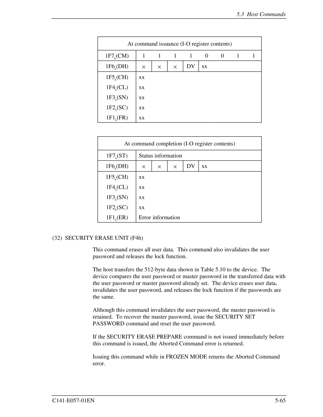 Fujitsu MHF2043AT, MHE2043AT, MHF2021AT, MHE2064AT manual At command issuance I-O register contents 1F7 hCM 