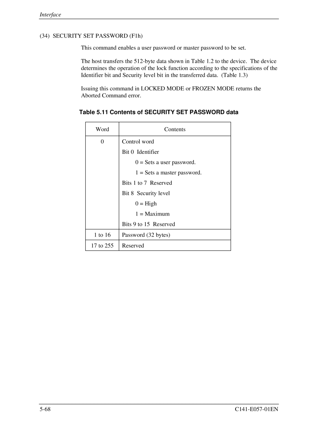 Fujitsu MHE2064AT, MHF2043AT, MHE2043AT, MHF2021AT manual Contents of Security SET Password data 