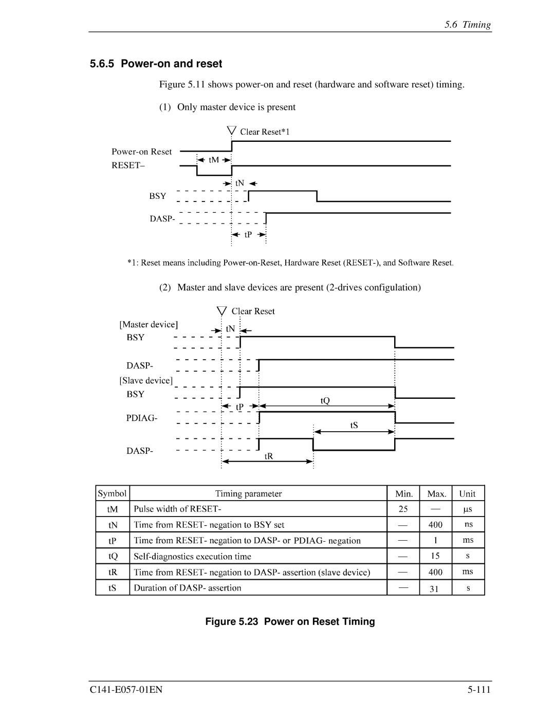 Fujitsu MHF2021AT, MHF2043AT, MHE2043AT, MHE2064AT manual Power-on and reset, Power on Reset Timing 