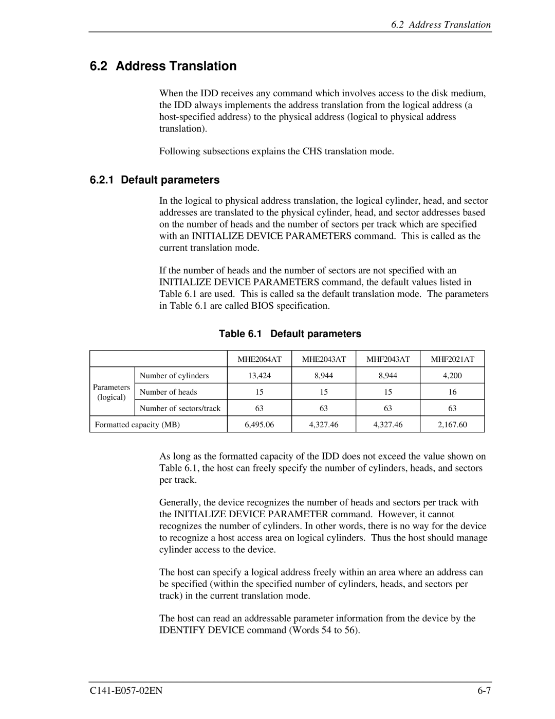 Fujitsu MHF2021AT, MHF2043AT, MHE2043AT, MHE2064AT manual Address Translation, Default parameters 