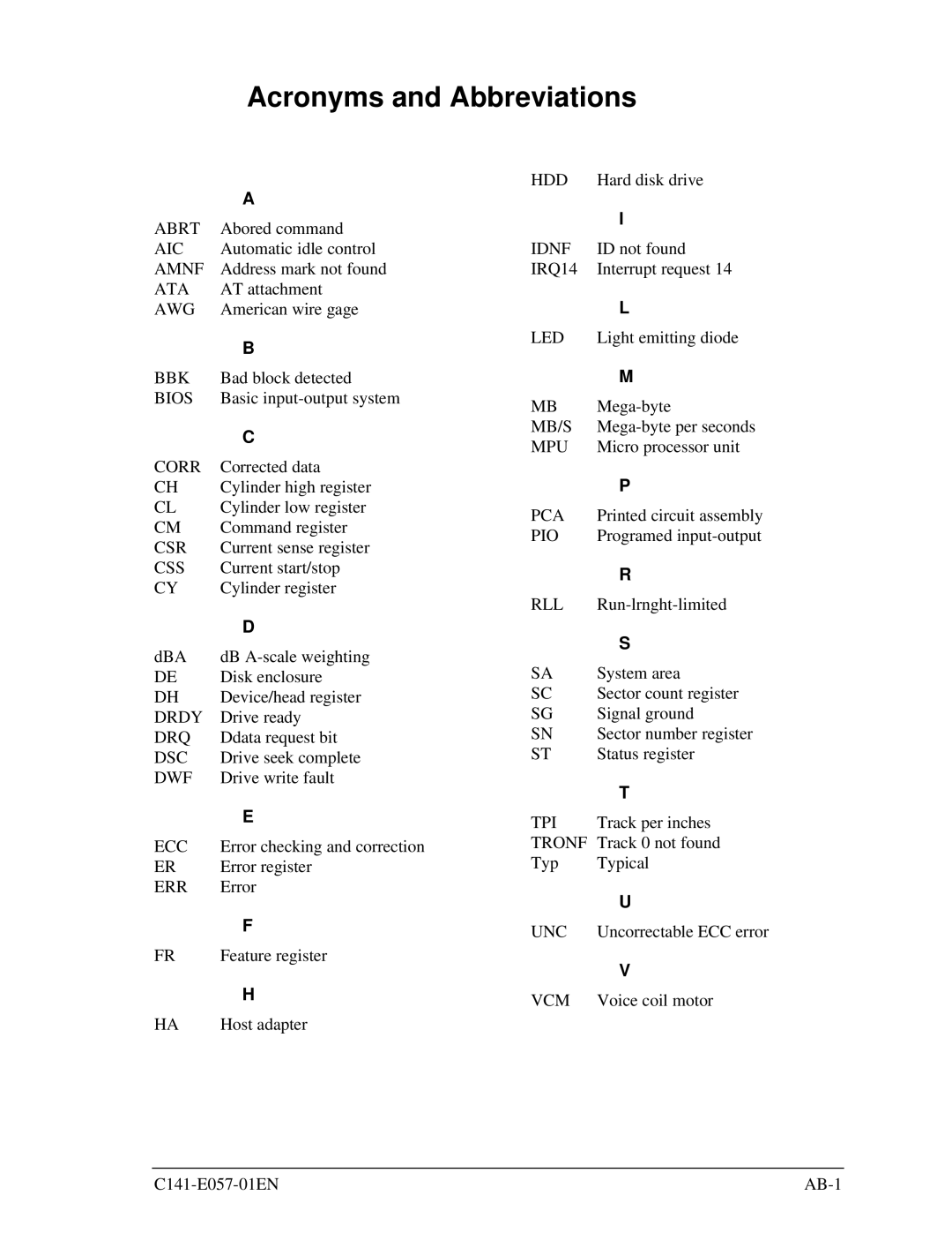 Fujitsu MHF2043AT, MHE2043AT, MHF2021AT, MHE2064AT manual Acronyms and Abbreviations 