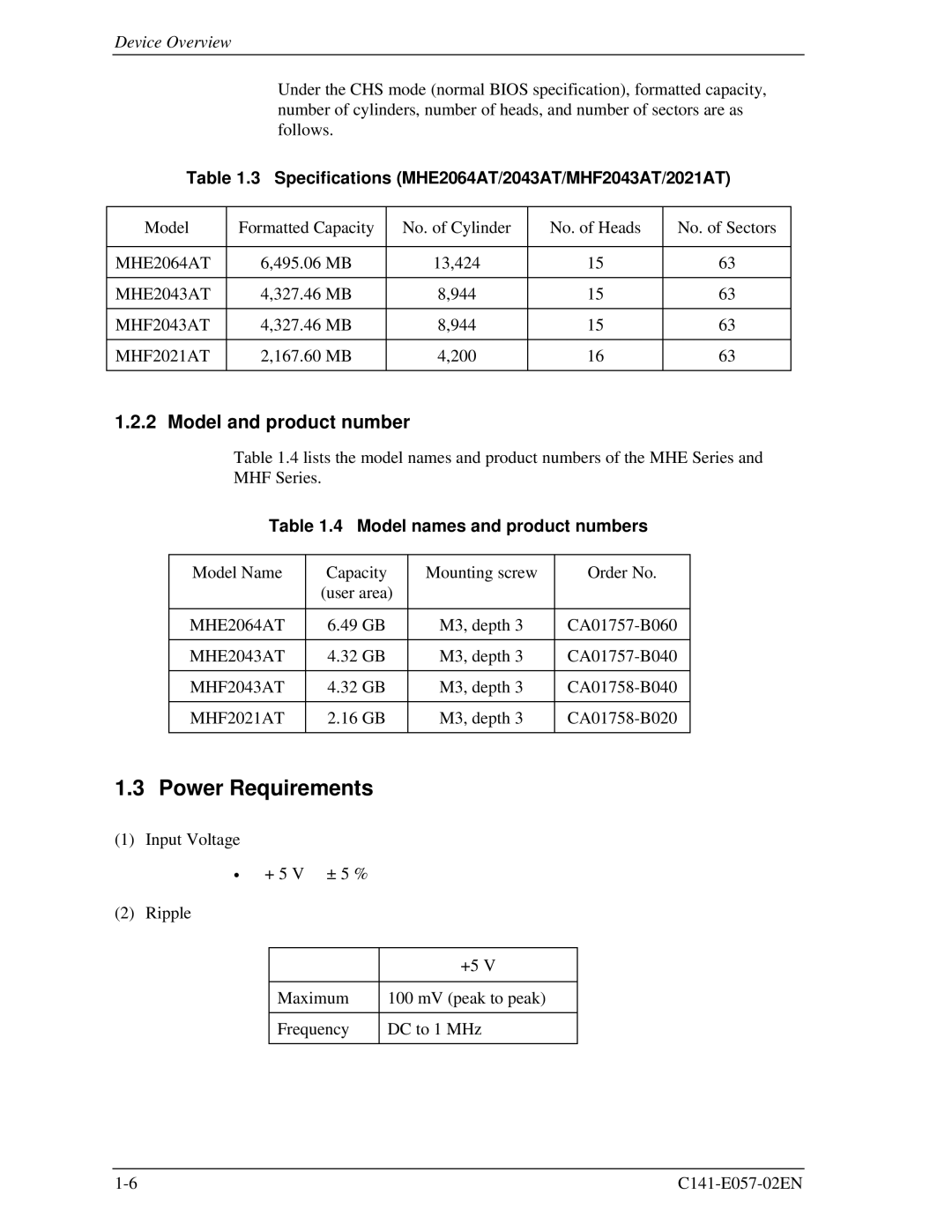 Fujitsu MHE2043AT manual Power Requirements, Model and product number, Specifications MHE2064AT/2043AT/MHF2043AT/2021AT 