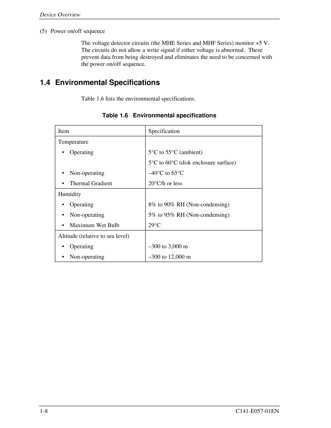 Fujitsu MHE2043AT, MHF2043AT, MHF2021AT, MHE2064AT manual Environmental Specifications, Environmental specifications 