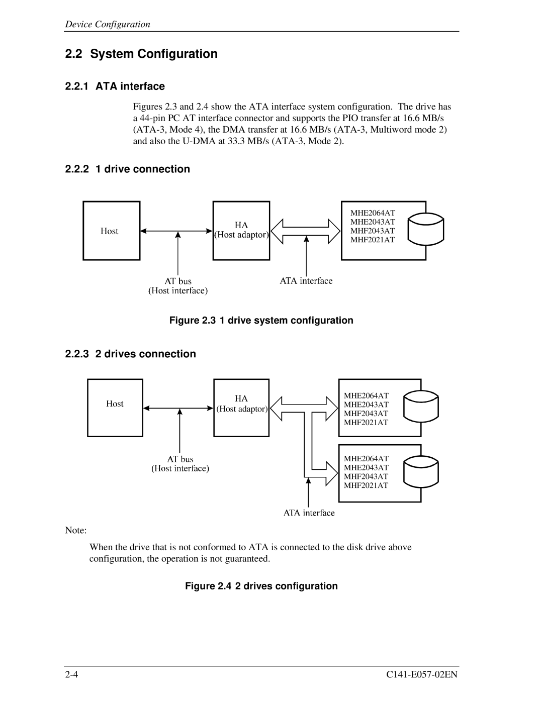 Fujitsu MHE2043AT, MHF2043AT, MHF2021AT System Configuration, ATA interface, 2 1 drive connection, 3 2 drives connection 