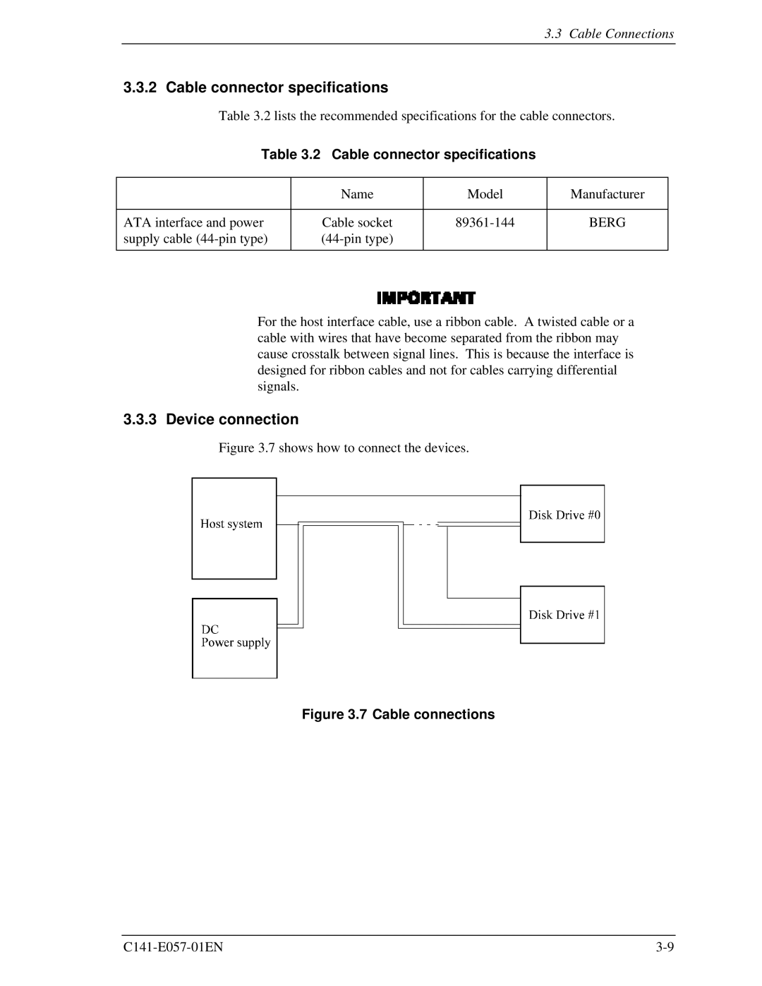 Fujitsu MHF2043AT, MHE2043AT, MHF2021AT, MHE2064AT manual Cable connector specifications, Device connection, Berg 