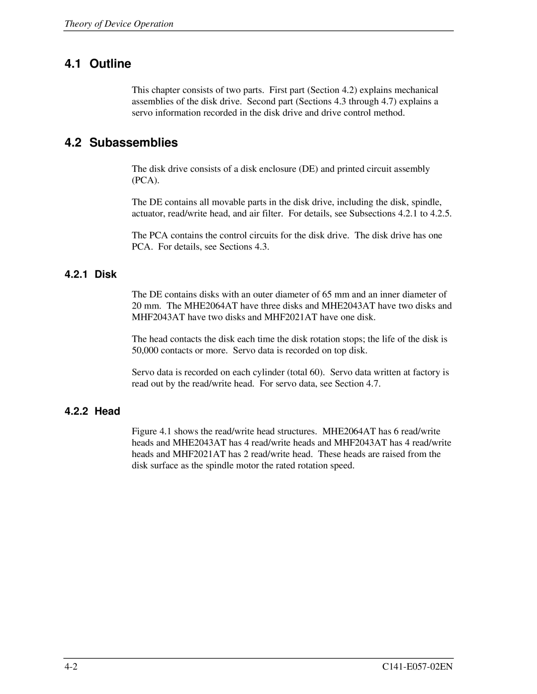 Fujitsu MHE2064AT, MHF2043AT, MHE2043AT, MHF2021AT manual Outline, Subassemblies, Disk, Head 