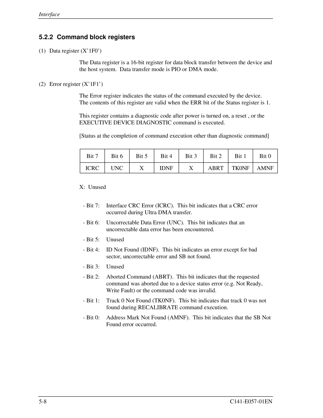 Fujitsu MHE2064AT, MHF2043AT, MHE2043AT, MHF2021AT manual Command block registers, UNC Idnf Abrt 