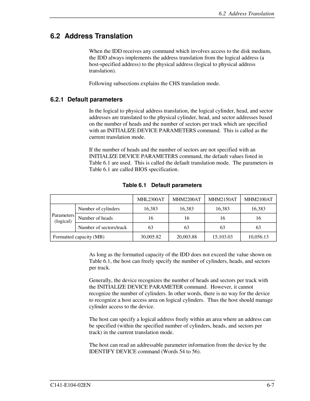 Fujitsu MHM215OAT, MHM200AT, MHM2100AT, MHL2300AT manual Address Translation, Default parameters 