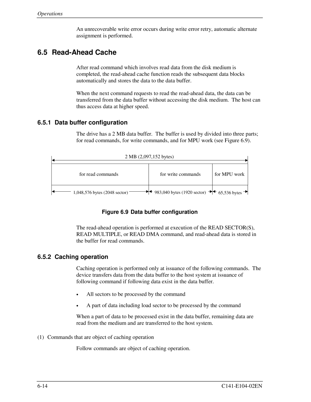 Fujitsu MHM2100AT, MHM200AT, MHM215OAT, MHL2300AT manual Read-Ahead Cache, Data buffer configuration, Caching operation 