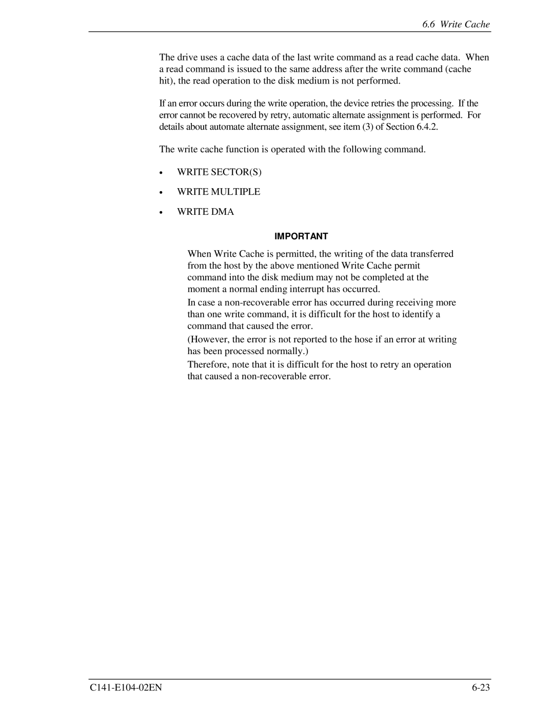 Fujitsu MHM215OAT, MHM200AT, MHM2100AT, MHL2300AT manual Write Cache, Write Sectors Write Multiple Write DMA 