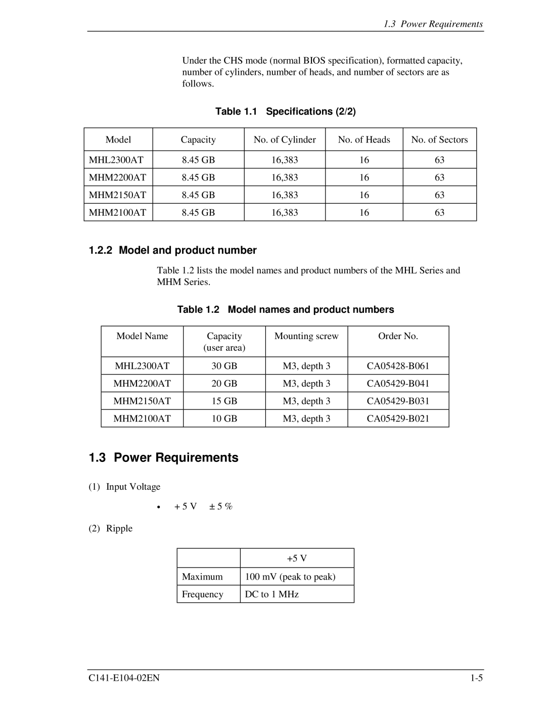 Fujitsu MHM215OAT manual Power Requirements, Model and product number, Specifications 2/2, Model names and product numbers 