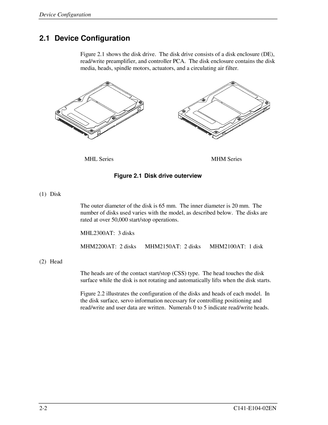 Fujitsu MHM2100AT, MHM200AT, MHM215OAT, MHL2300AT manual Device Configuration, Disk drive outerview 