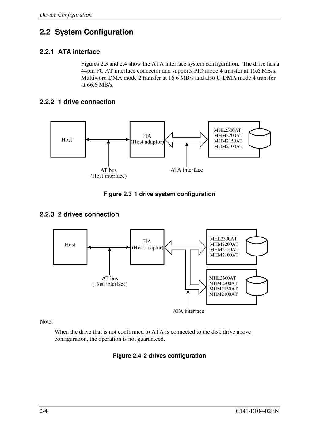 Fujitsu MHL2300AT, MHM200AT, MHM2100AT System Configuration, ATA interface, 2 1 drive connection, 3 2 drives connection 