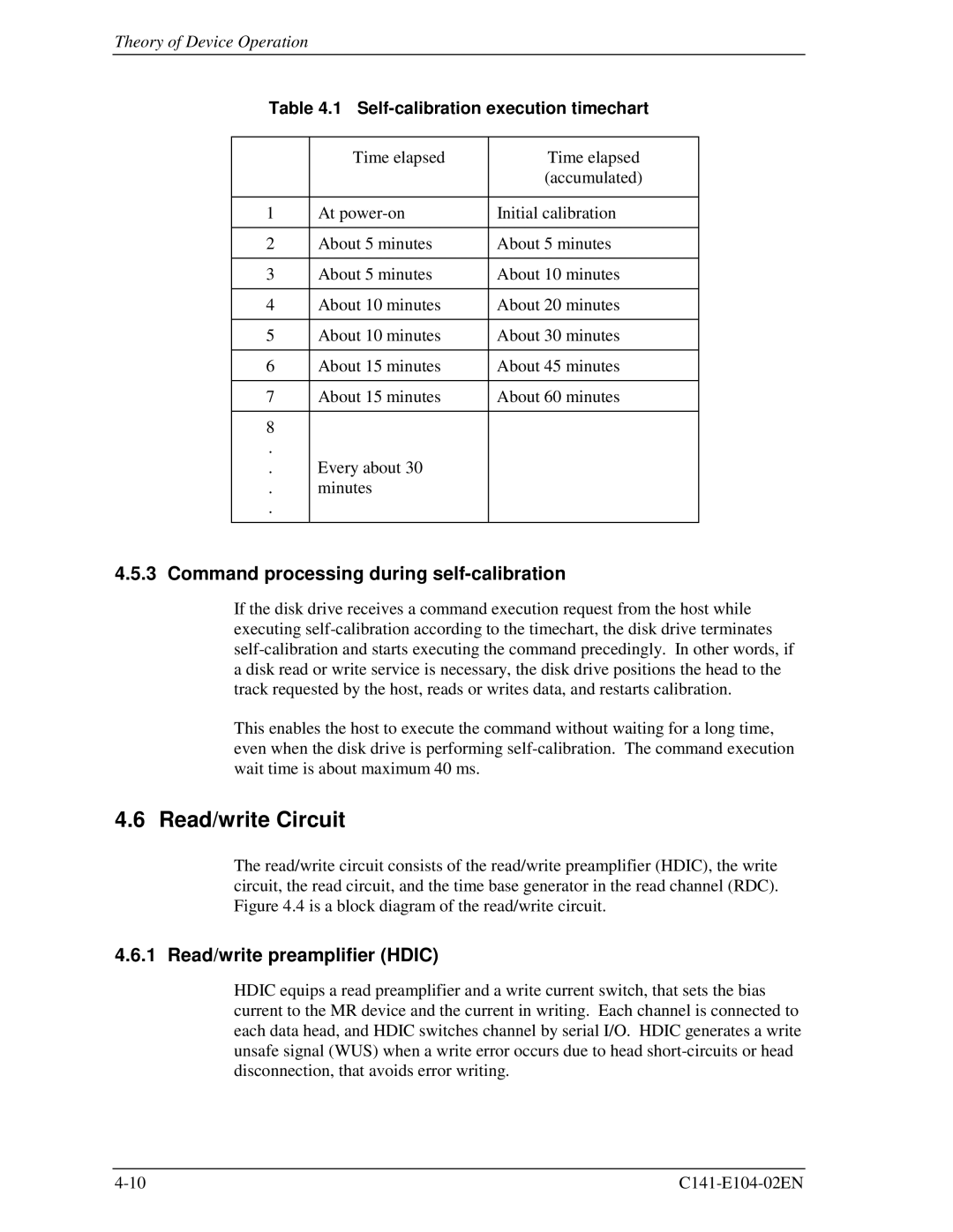 Fujitsu MHL2300AT, MHM200AT Read/write Circuit, Command processing during self-calibration, Read/write preamplifier Hdic 