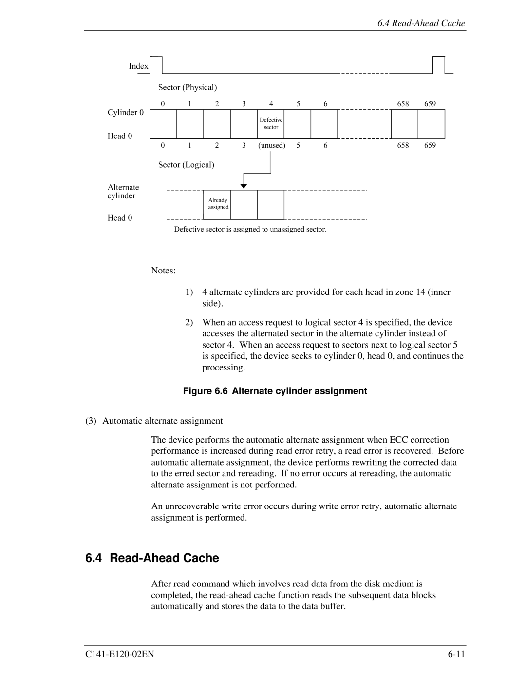 Fujitsu MHN2100AT, MHN2150AT, MHN2300AT, MHN2200AT manual Read-Ahead Cache, Alternate cylinder assignment 