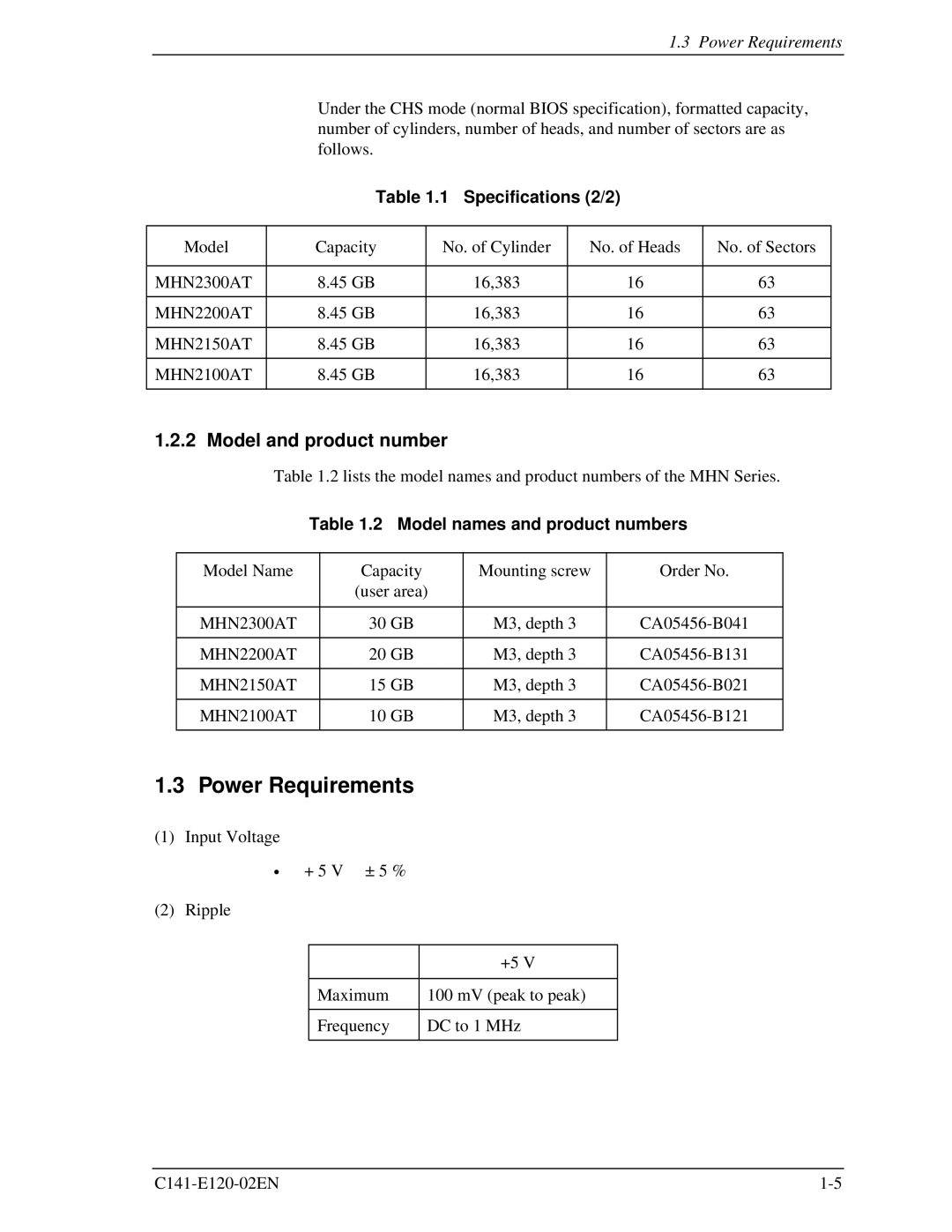 Fujitsu MHN2100AT manual Power Requirements, Model and product number, Specifications 2/2, Model names and product numbers 