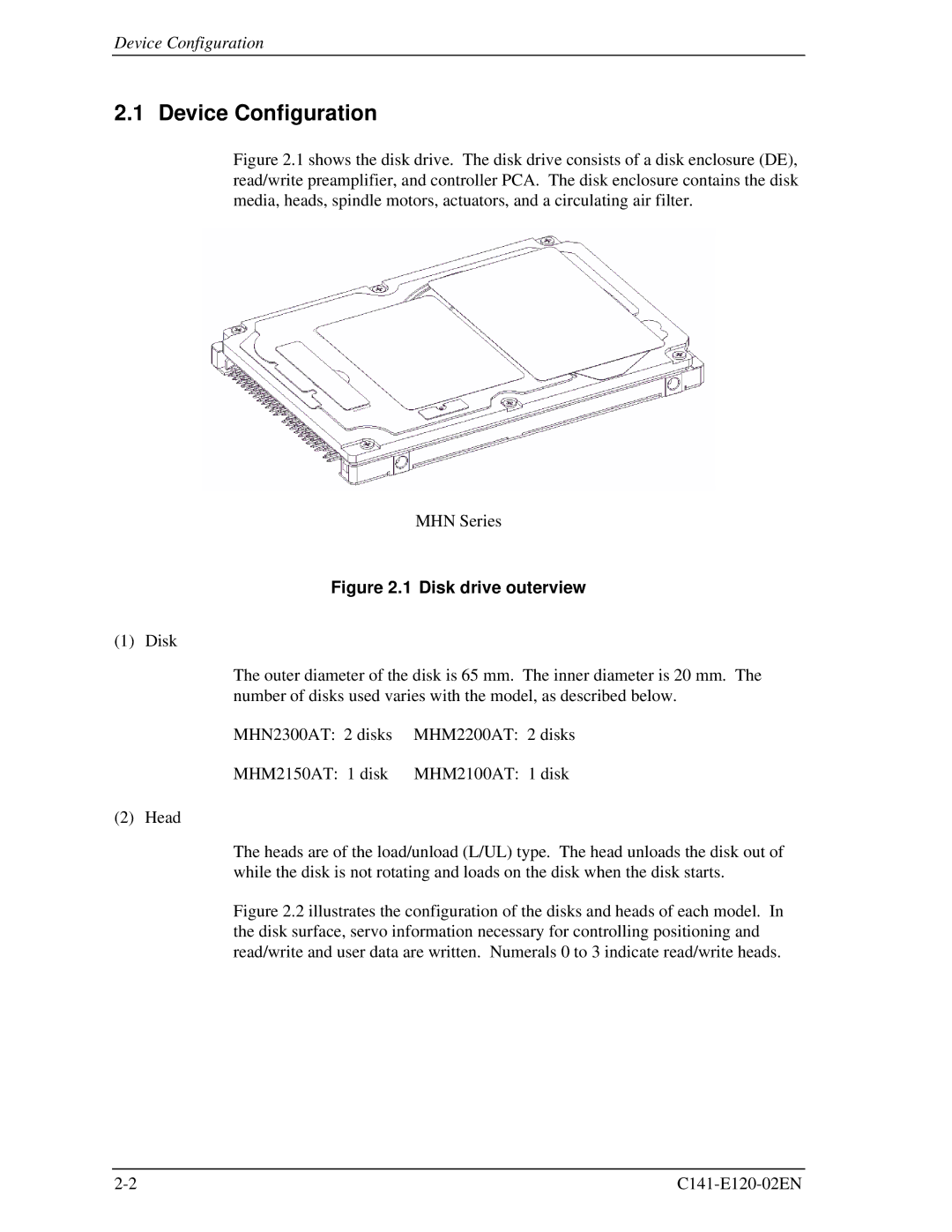 Fujitsu MHN2300AT, MHN2150AT, MHN2100AT, MHN2200AT manual Device Configuration, Disk drive outerview 