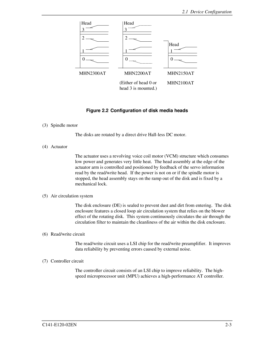 Fujitsu MHN2100AT manual MHN2300AT MHN2200AT MHN2150AT, Configuration of disk media heads 