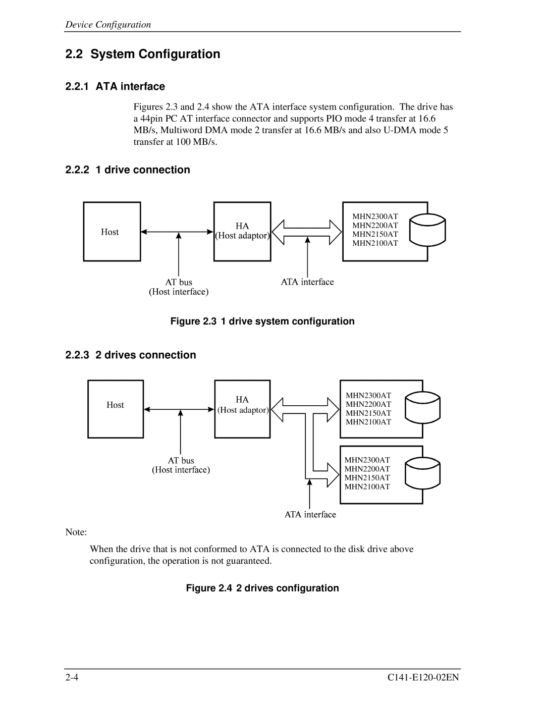 Fujitsu MHN2150AT, MHN2100AT, MHN2300AT System Configuration, ATA interface, 2 1 drive connection, 3 2 drives connection 