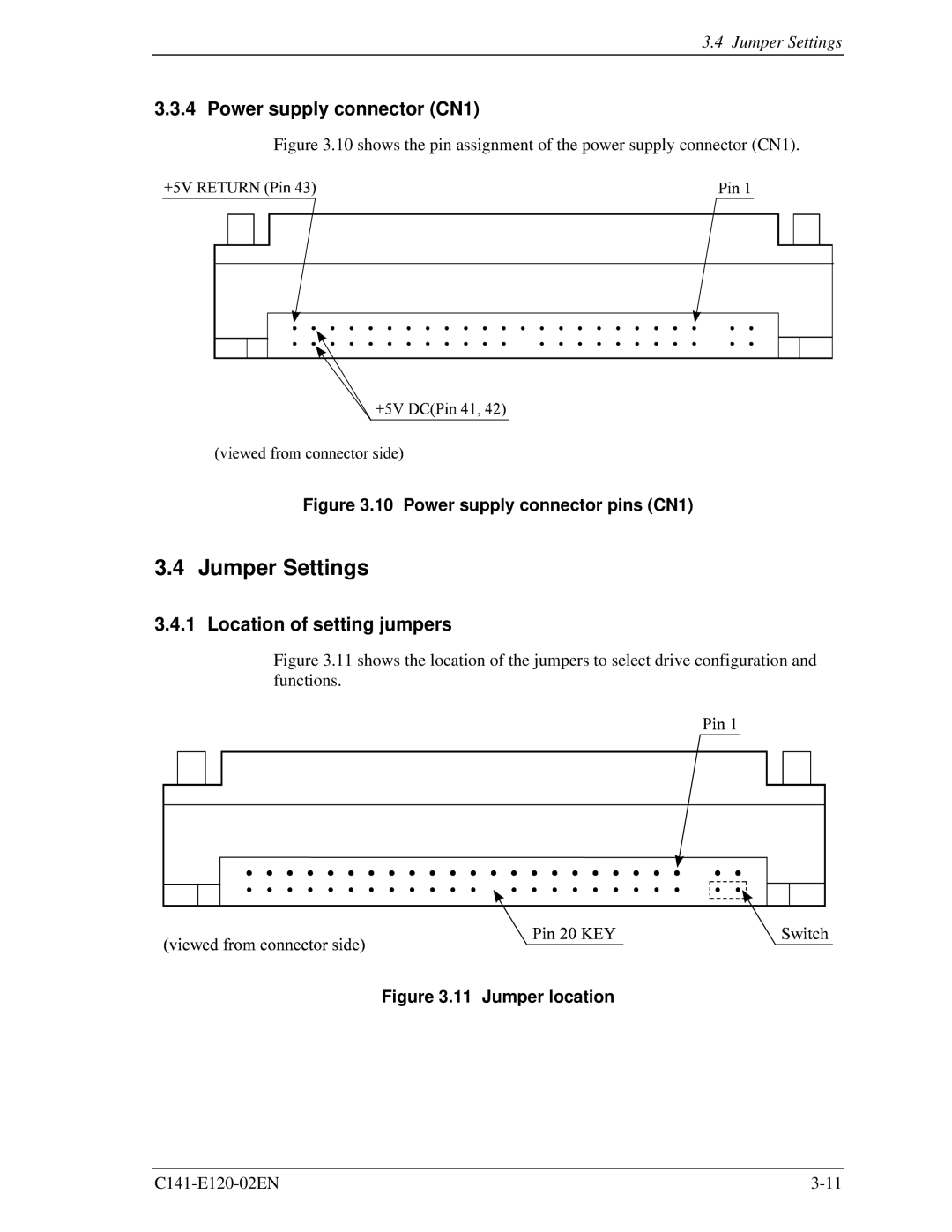 Fujitsu MHN2100AT, MHN2150AT, MHN2300AT, MHN2200AT Jumper Settings, Power supply connector CN1, Location of setting jumpers 