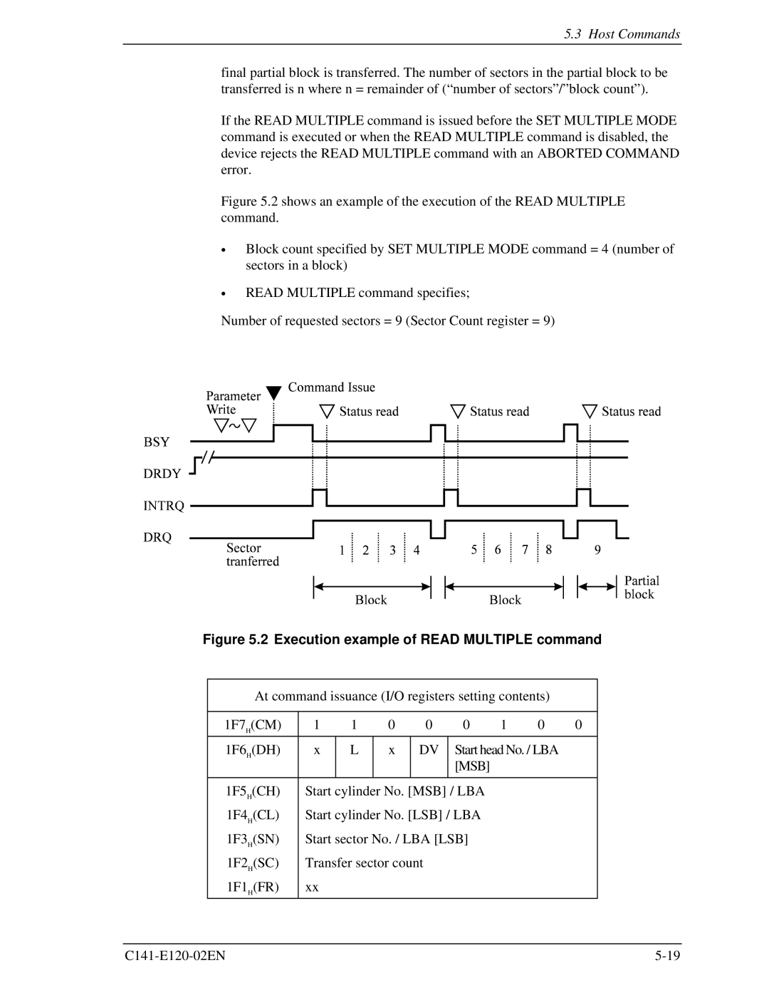 Fujitsu MHN2200AT, MHN2150AT, MHN2100AT, MHN2300AT manual Execution example of Read Multiple command 