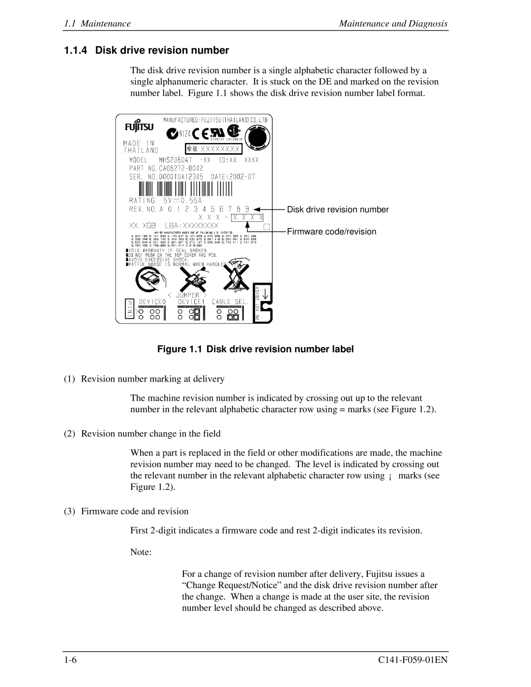 Fujitsu MHS2030AT, MHS2040AT, MHS2020AT, MHS2060AT manual Disk drive revision number label 