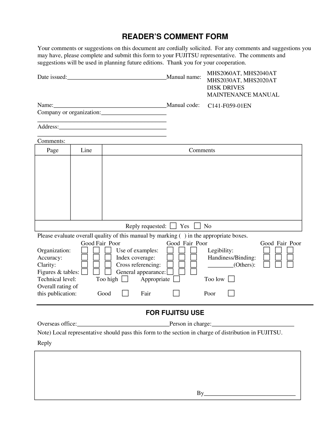 Fujitsu MHS2060AT, MHS2030AT, MHS2040AT, MHS2020AT manual READER’S Comment Form 