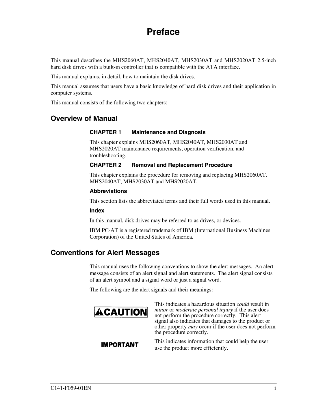 Fujitsu MHS2040AT, MHS2030AT, MHS2020AT, MHS2060AT manual Preface, Overview of Manual, Conventions for Alert Messages 