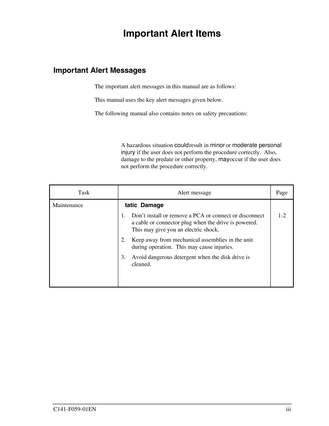 Fujitsu MHS2060AT, MHS2030AT, MHS2040AT, MHS2020AT manual Important Alert Items, Important Alert Messages, Static, Damage 