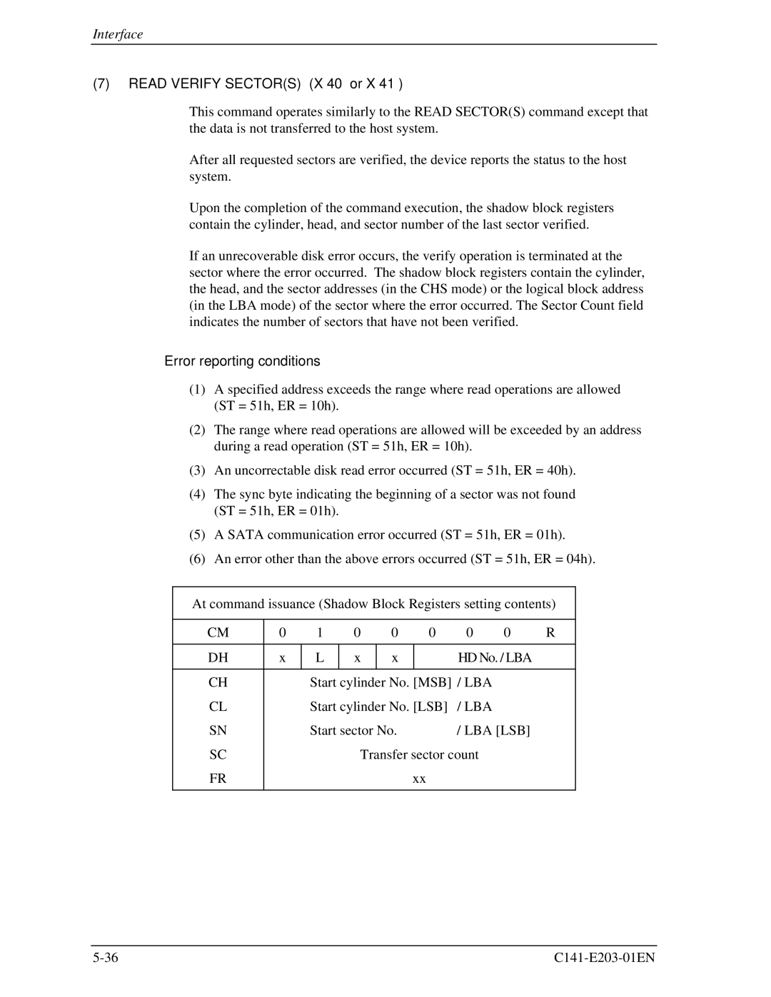 Fujitsu MHT2080BH, MHT2060BH, MHT2040BH manual Read Verify Sectors X’40’ or X’41’ 