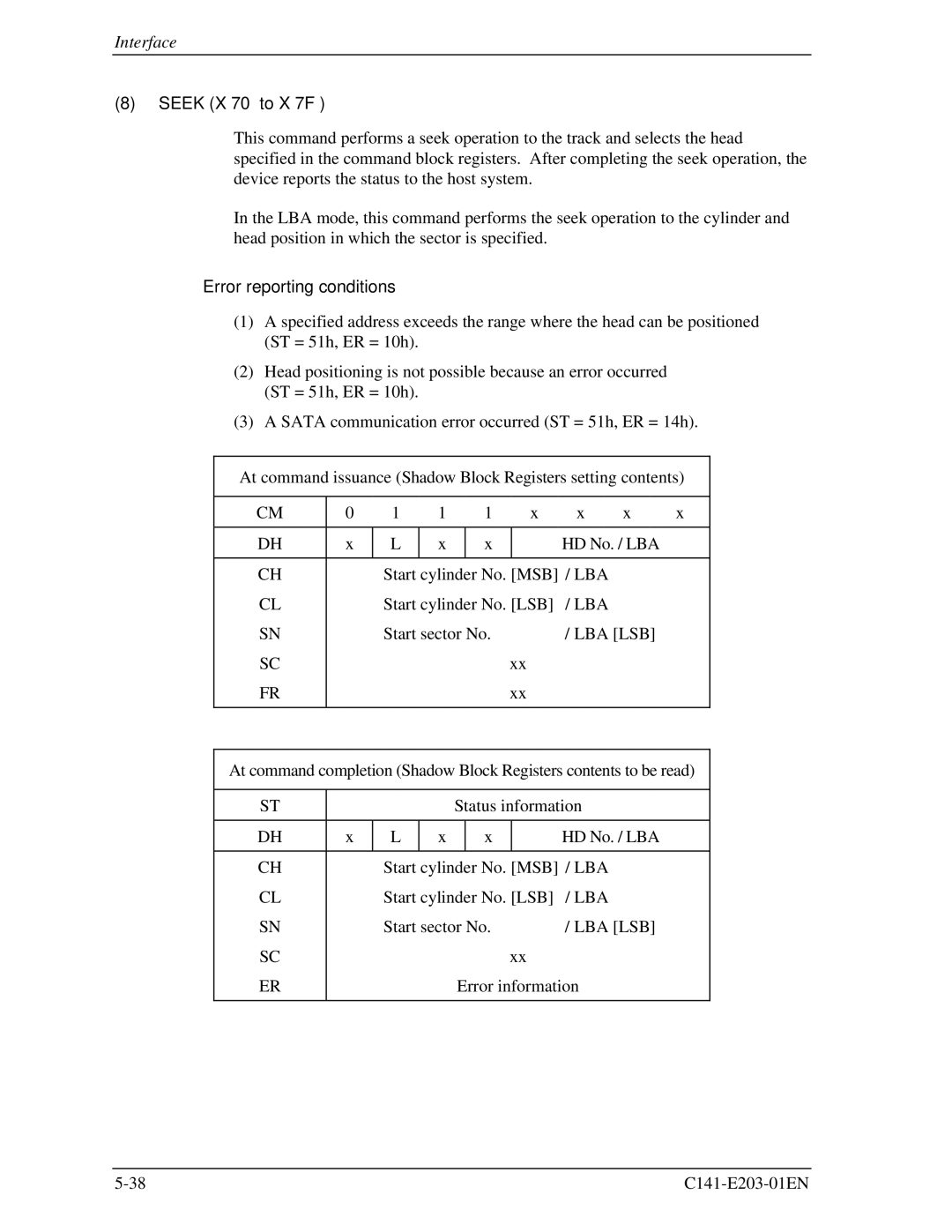 Fujitsu MHT2040BH, MHT2060BH, MHT2080BH manual Seek X’70’ to X’7F’ 