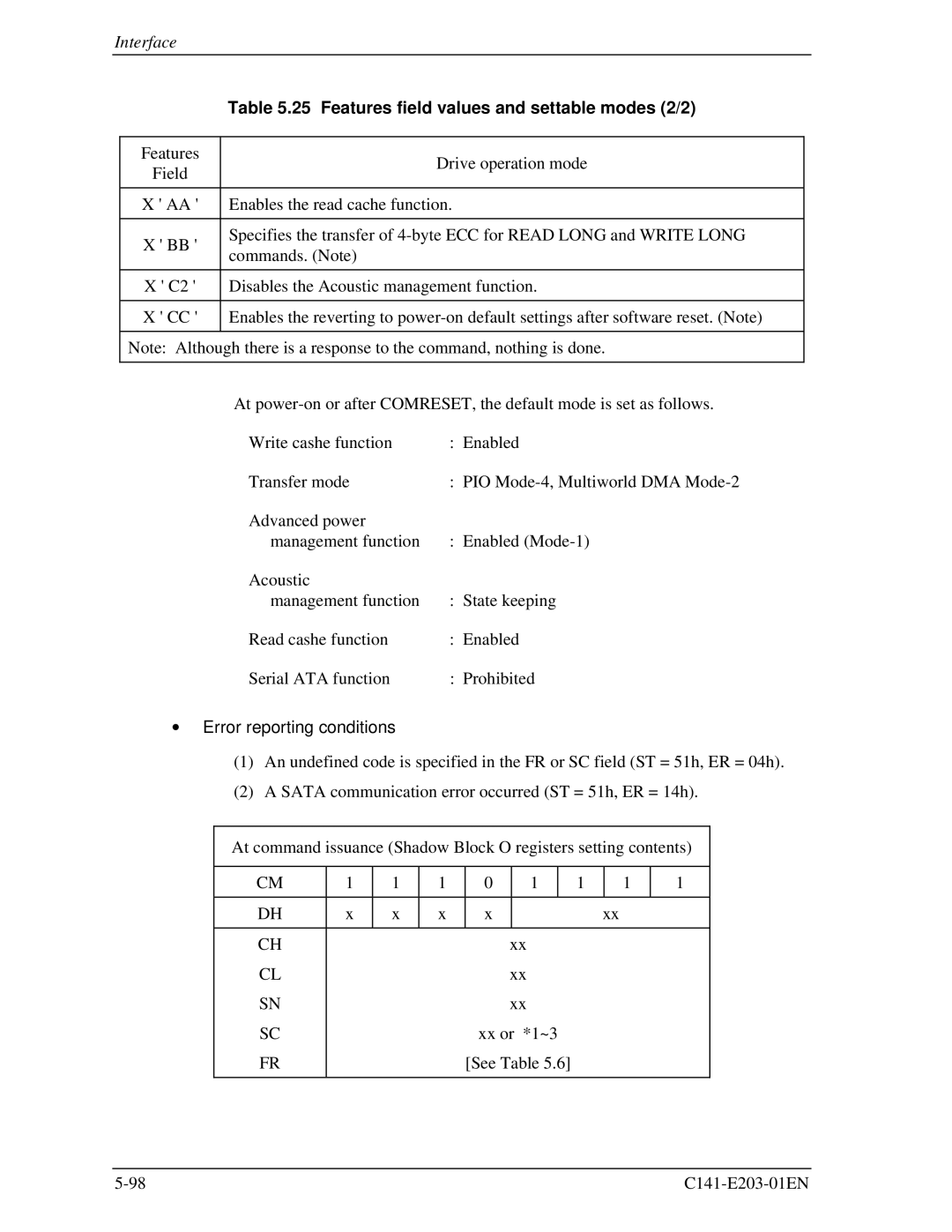 Fujitsu MHT2040BH, MHT2060BH, MHT2080BH manual Features field values and settable modes 2/2, Error reporting conditions 