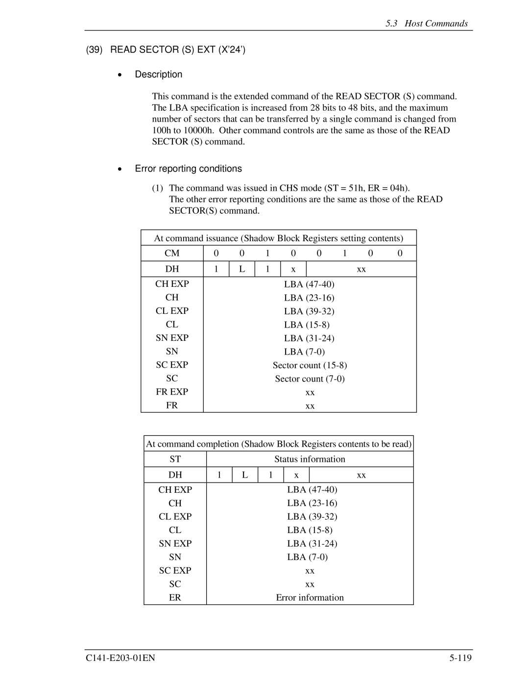 Fujitsu MHT2040BH, MHT2060BH, MHT2080BH manual Read Sector S EXT X’24’ Description, Cl Exp, Sn Exp 