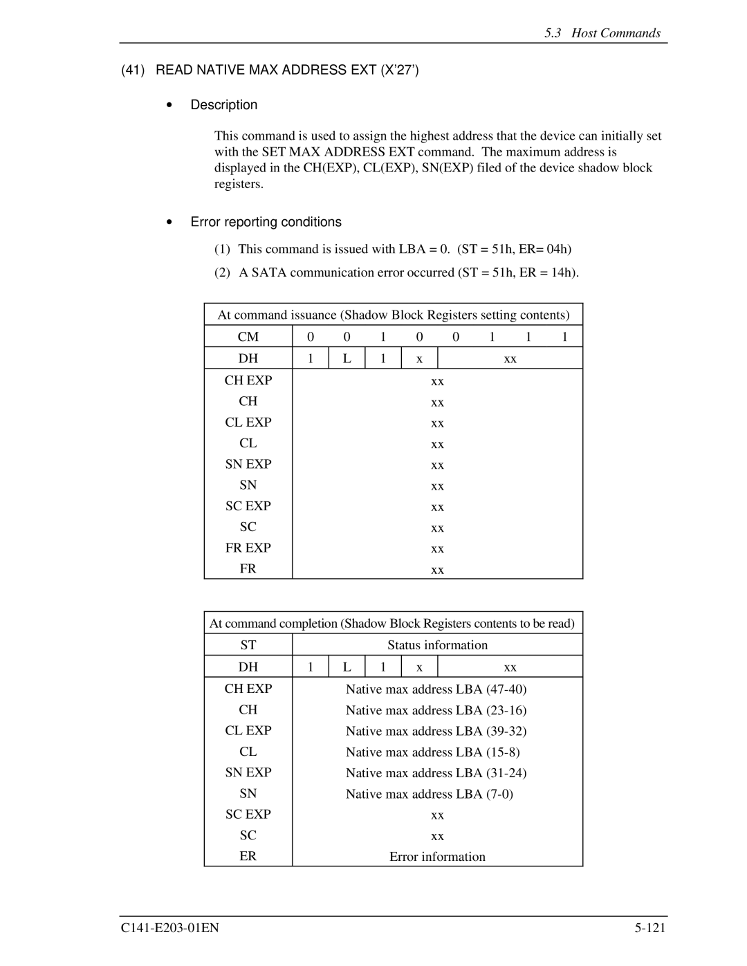 Fujitsu MHT2060BH, MHT2040BH, MHT2080BH manual Read Native MAX Address EXT X’27’ 