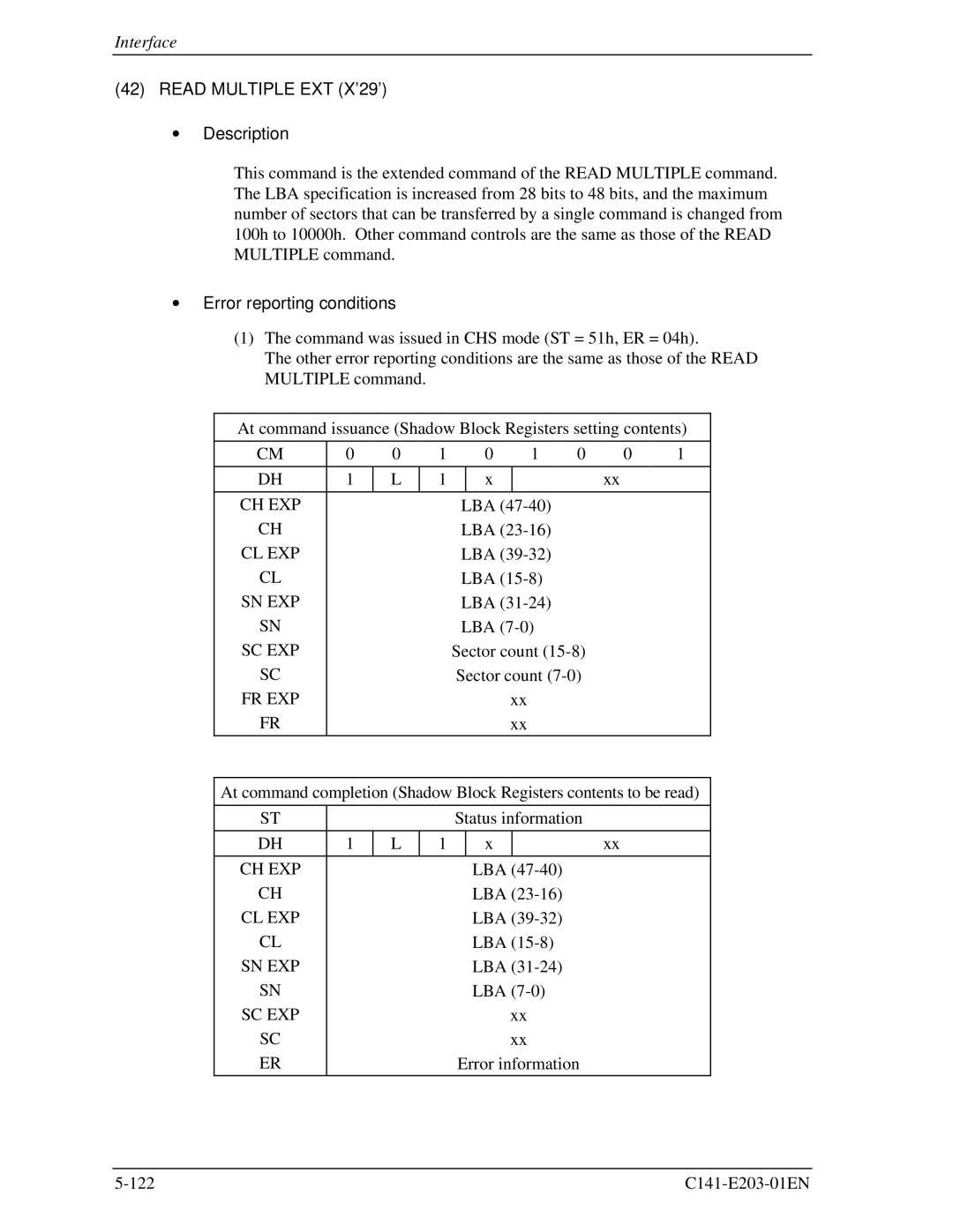 Fujitsu MHT2040BH, MHT2060BH, MHT2080BH manual Read Multiple EXT X’29’ 