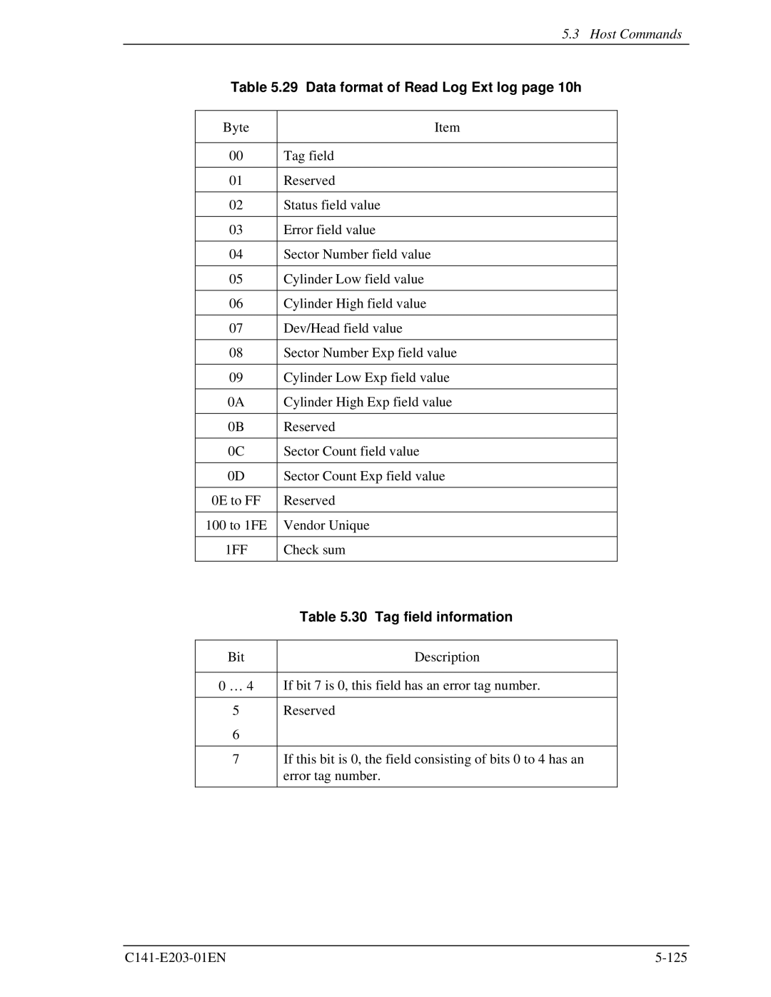 Fujitsu MHT2040BH, MHT2060BH, MHT2080BH manual Data format of Read Log Ext log page 10h, Tag field information 