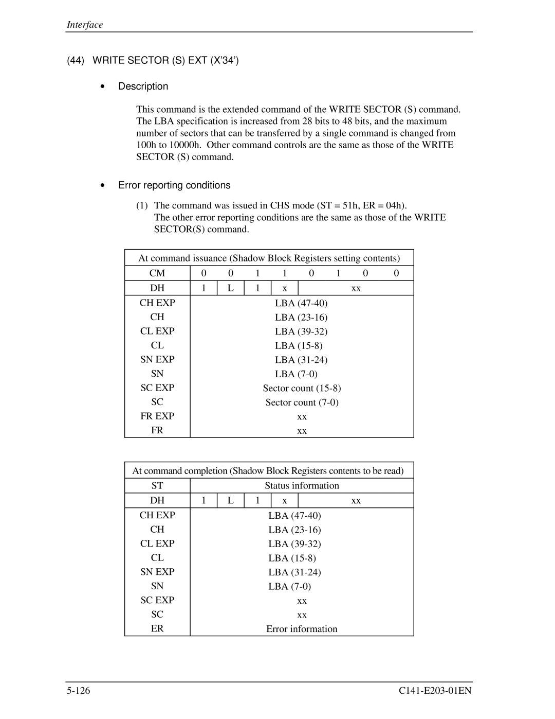 Fujitsu MHT2080BH, MHT2060BH, MHT2040BH manual Write Sector S EXT X’34’ Description, Error reporting conditions 