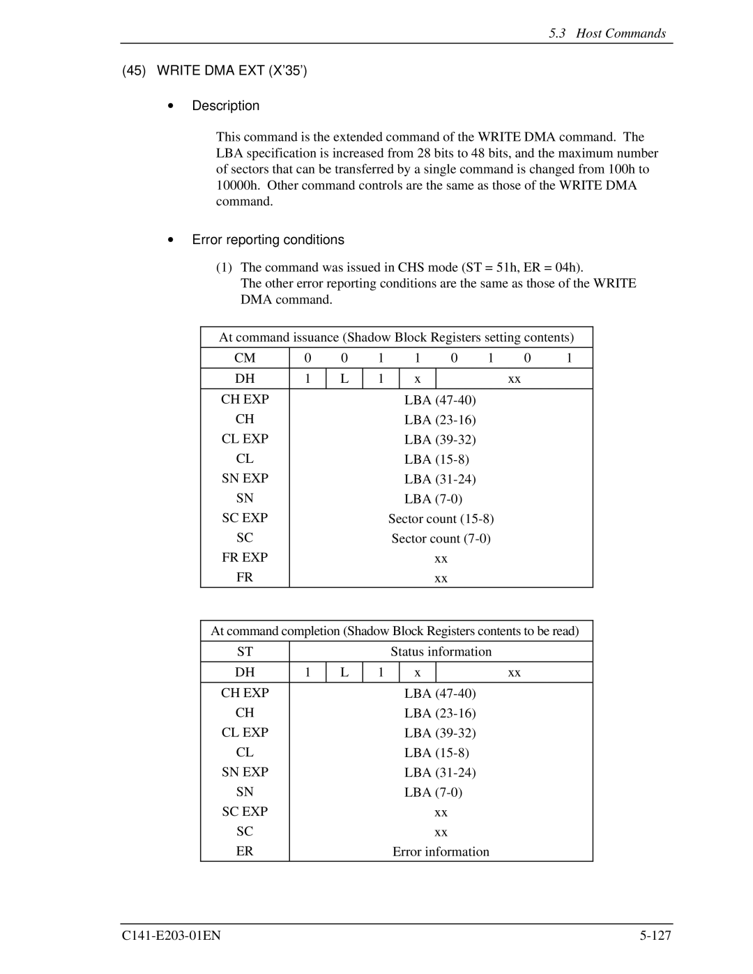 Fujitsu MHT2060BH, MHT2040BH, MHT2080BH manual Write DMA EXT X’35’ Description 