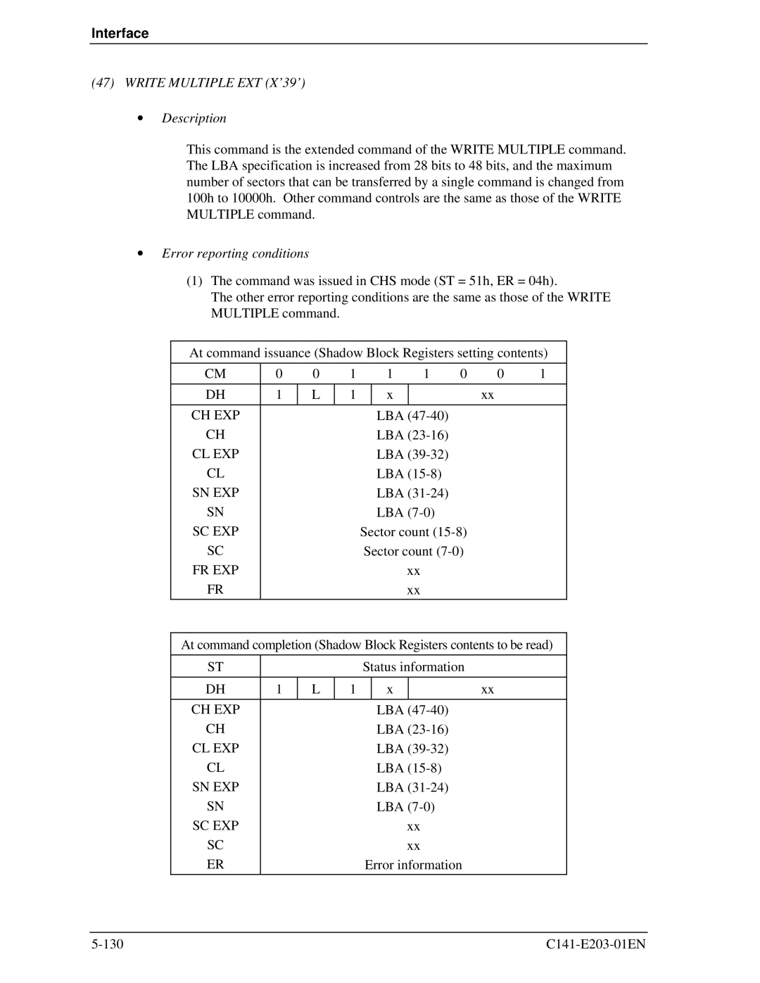 Fujitsu MHT2060BH, MHT2040BH, MHT2080BH manual Write Multiple EXT X’39’ 