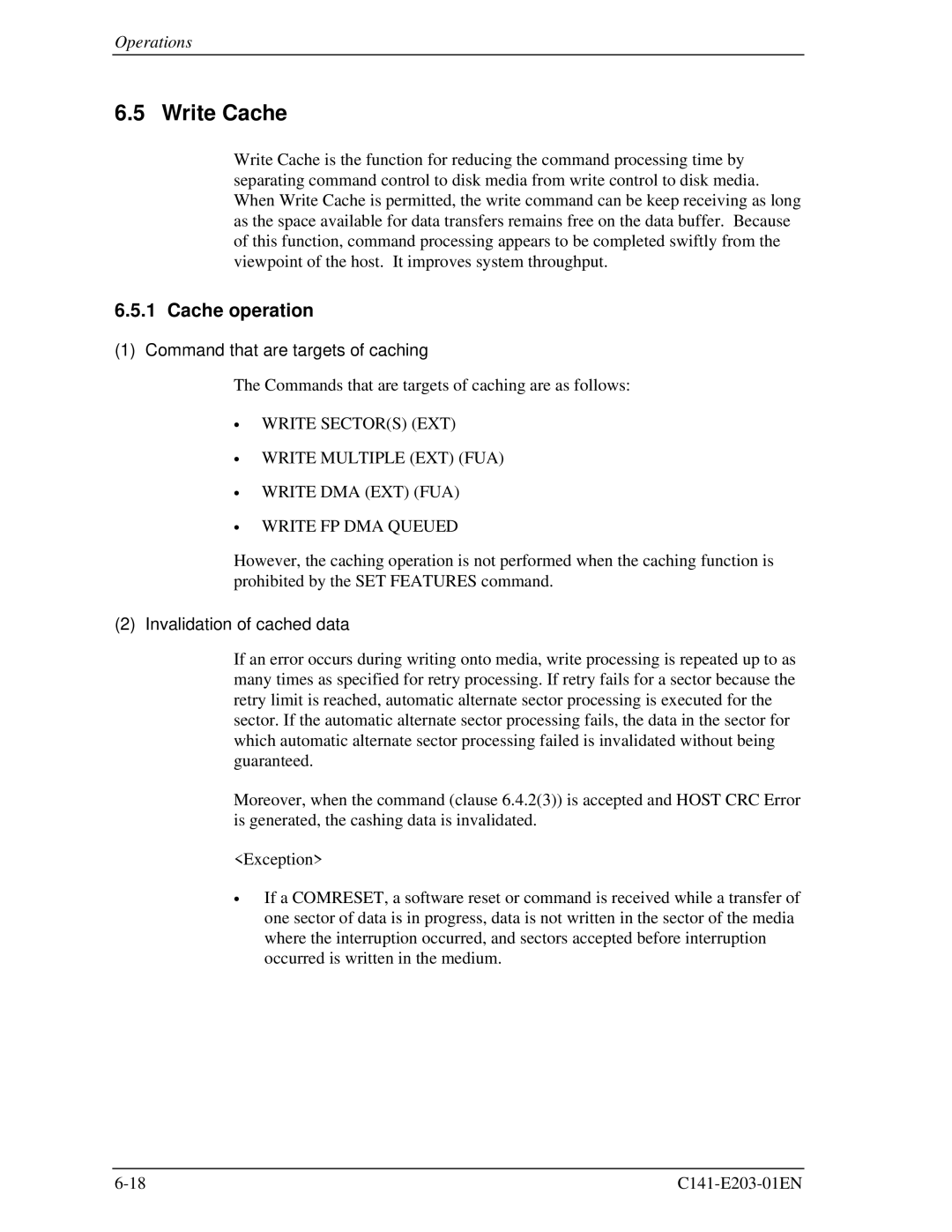 Fujitsu MHT2040BH manual Write Cache, Cache operation, Command that are targets of caching, Invalidation of cached data 