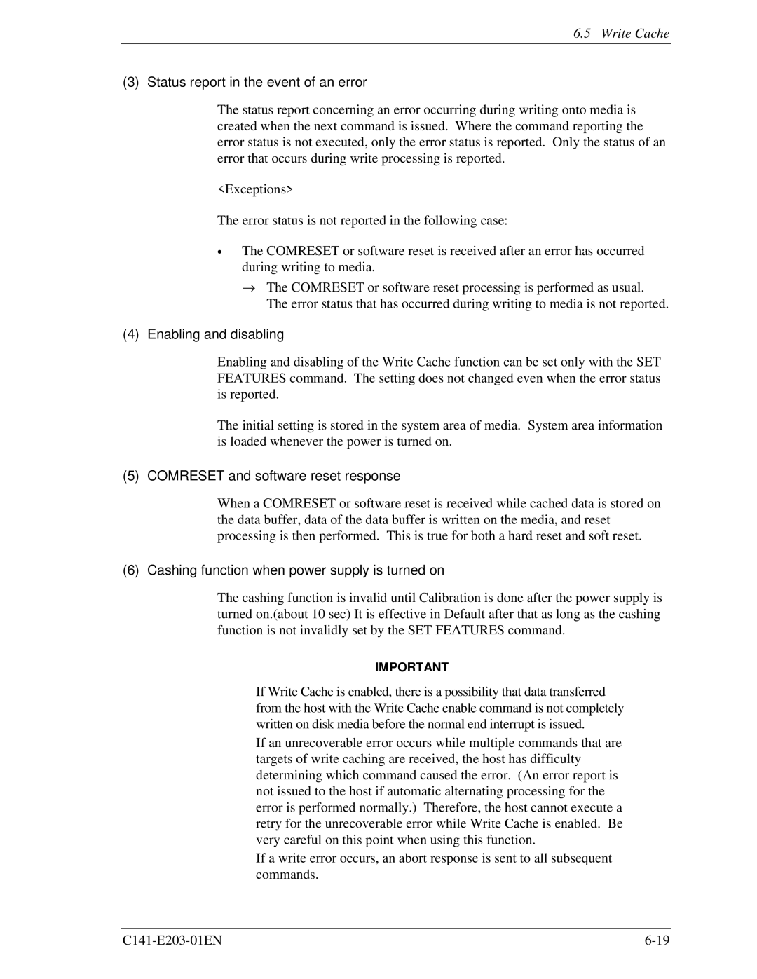 Fujitsu MHT2080BH Status report in the event of an error, Enabling and disabling, Comreset and software reset response 