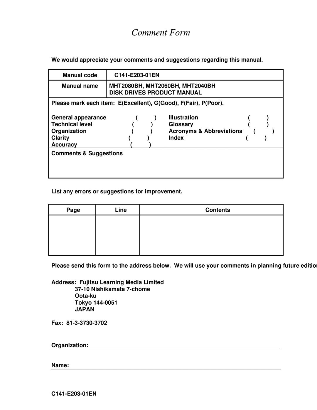 Fujitsu MHT2040BH, MHT2060BH, MHT2080BH manual Comment Form, Disk Drives Product Manual, Japan 