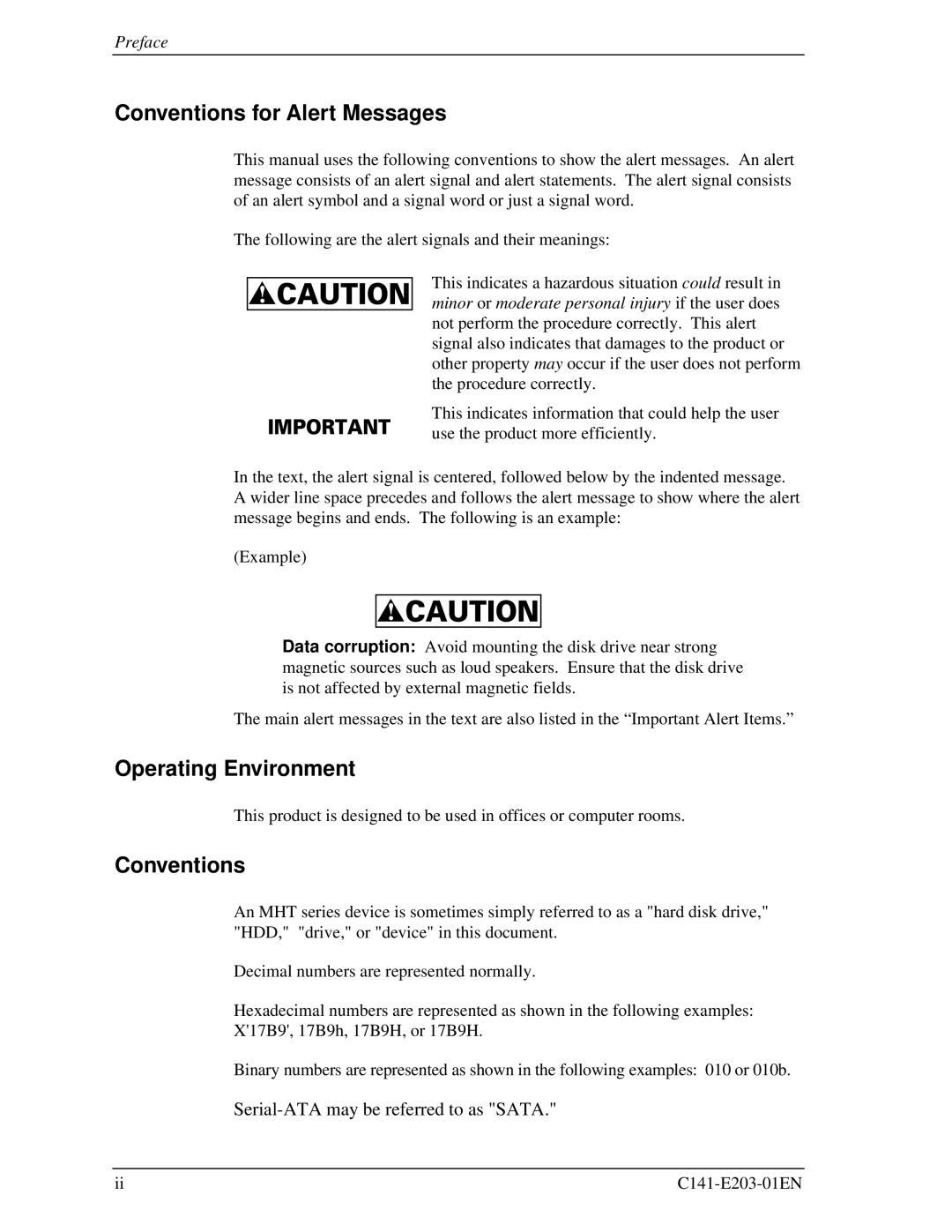 Fujitsu MHT2060BH, MHT2040BH, MHT2080BH manual Conventions for Alert Messages, Operating Environment 