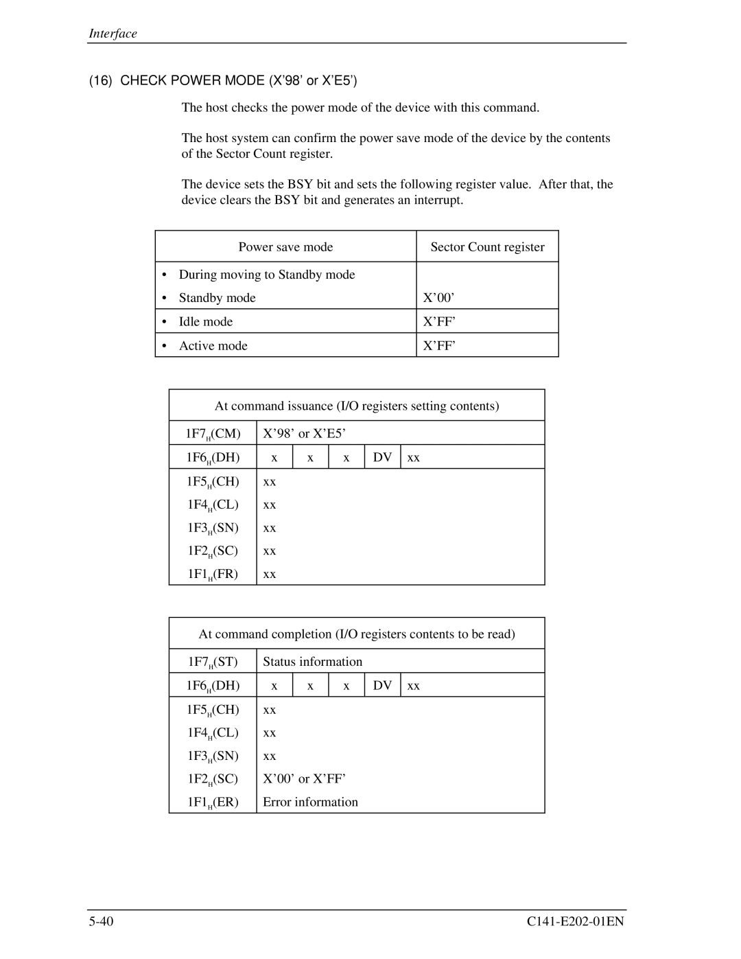 Fujitsu MHU2100AT manual Check Power Mode X’98’ or X’E5’, ’Ff’ 