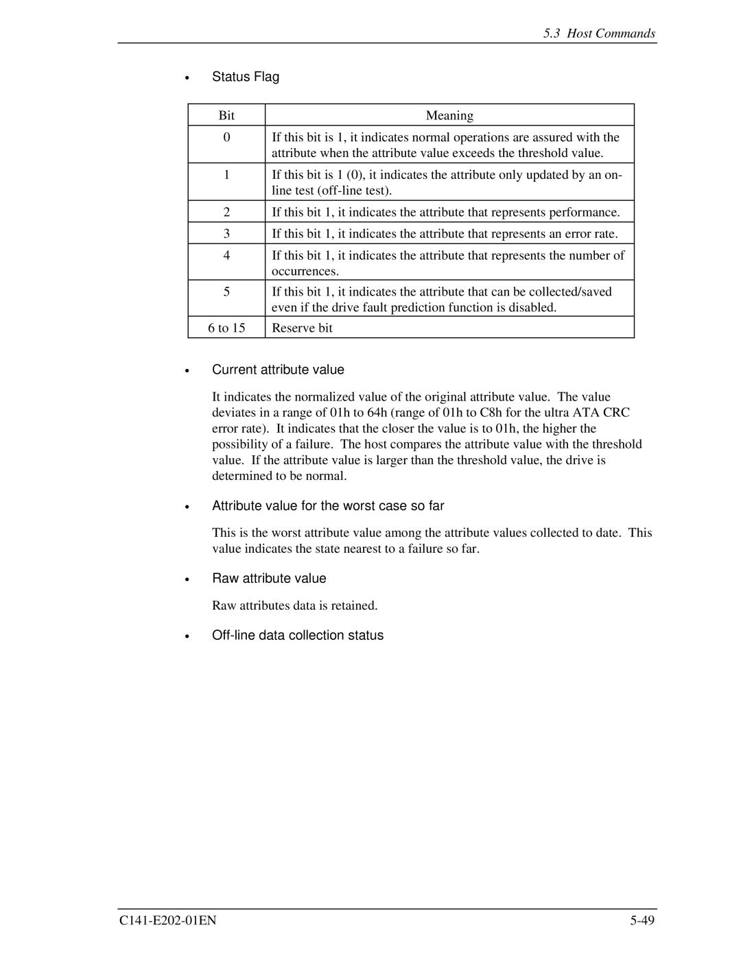 Fujitsu MHU2100AT Status Flag, Current attribute value, Attribute value for the worst case so far, Raw attribute value 