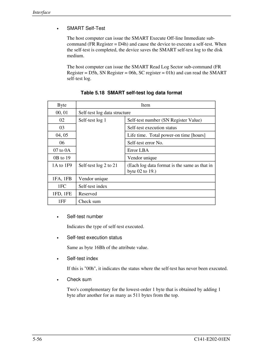 Fujitsu MHU2100AT manual Smart Self-Test, Smart self-test log data format, 1FC, Self-test number, Self-test index 