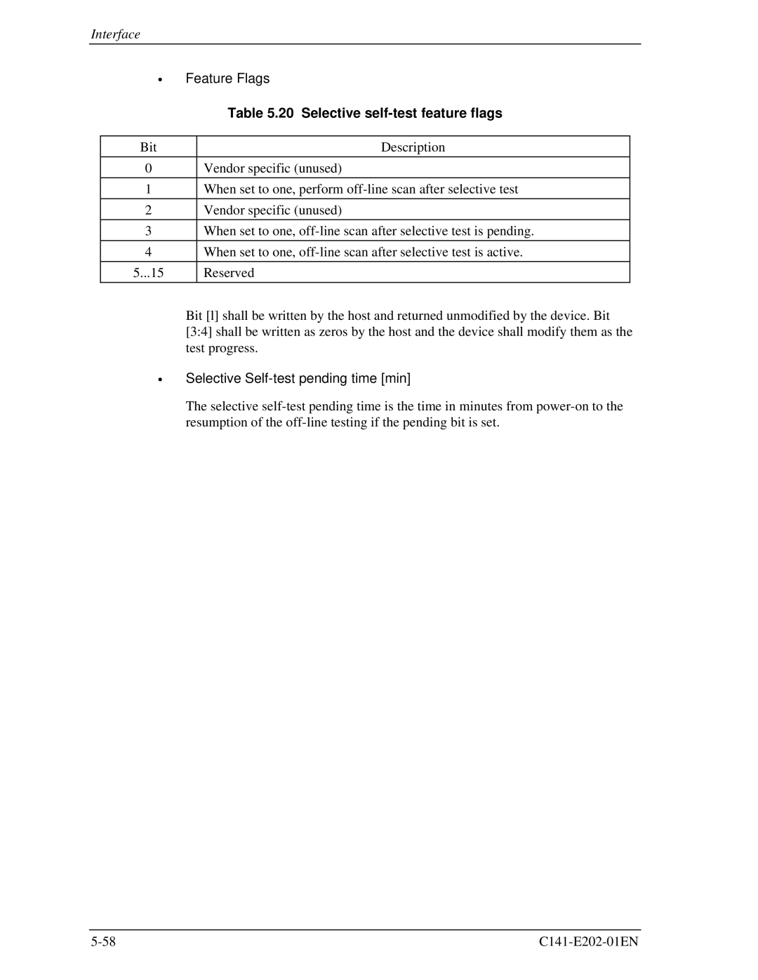 Fujitsu MHU2100AT manual Feature Flags, Selective self-test feature flags, Selective Self-test pending time min 