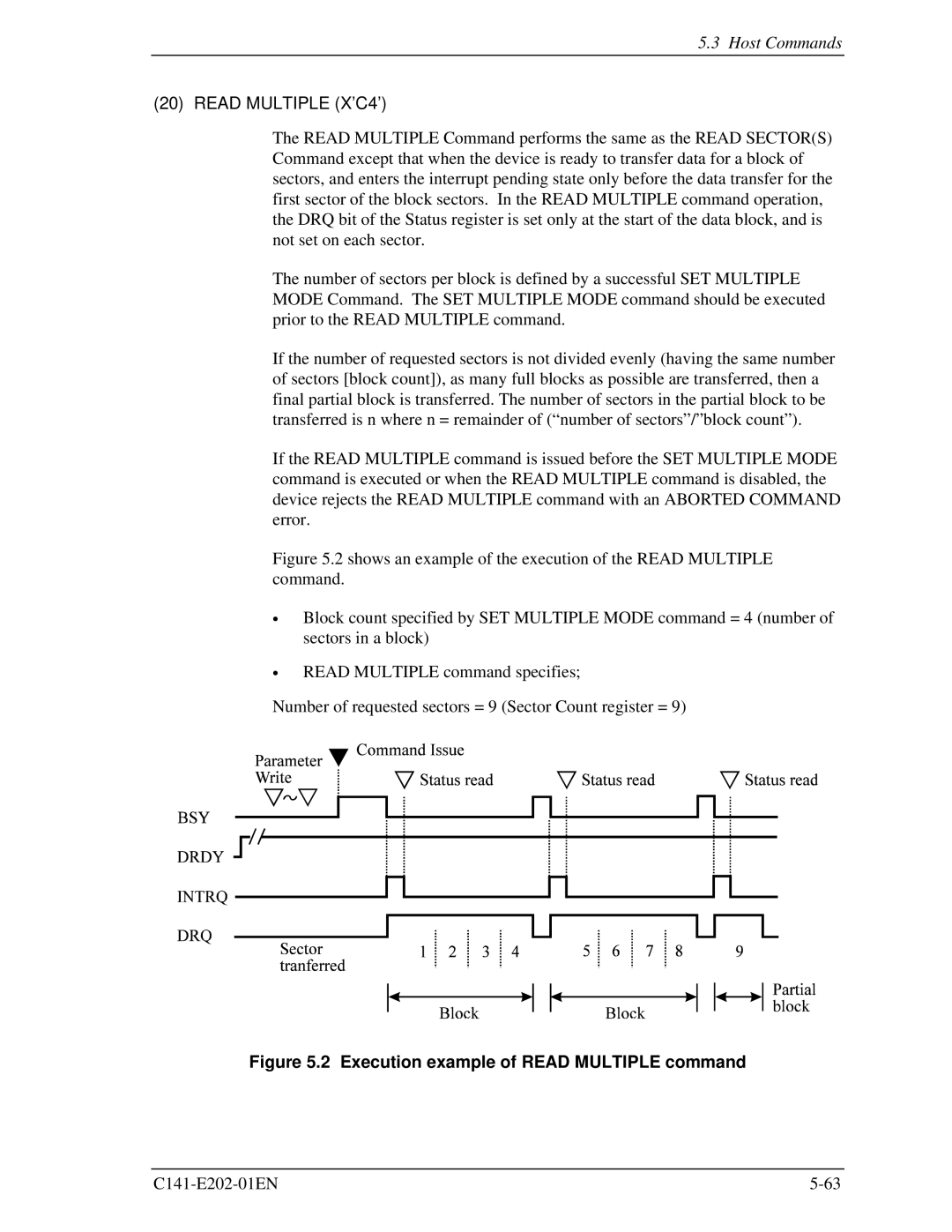 Fujitsu MHU2100AT manual Read Multiple X’C4’, Execution example of Read Multiple command 