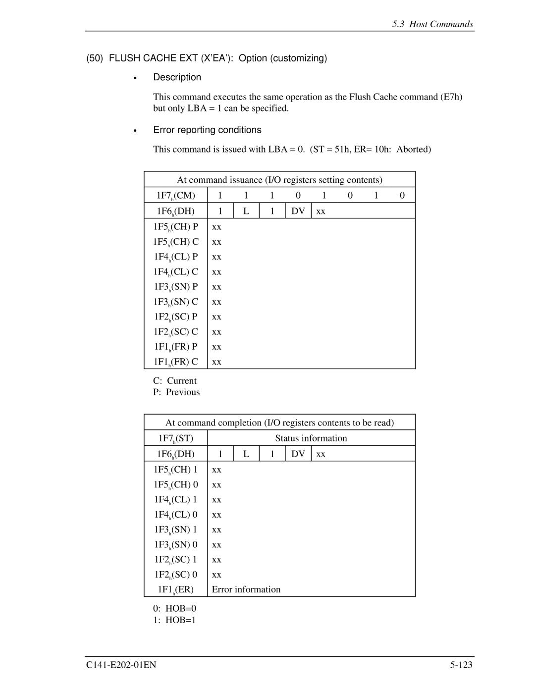 Fujitsu MHU2100AT manual Flush Cache EXT X’EA’ Option customizing Description, Error reporting conditions 