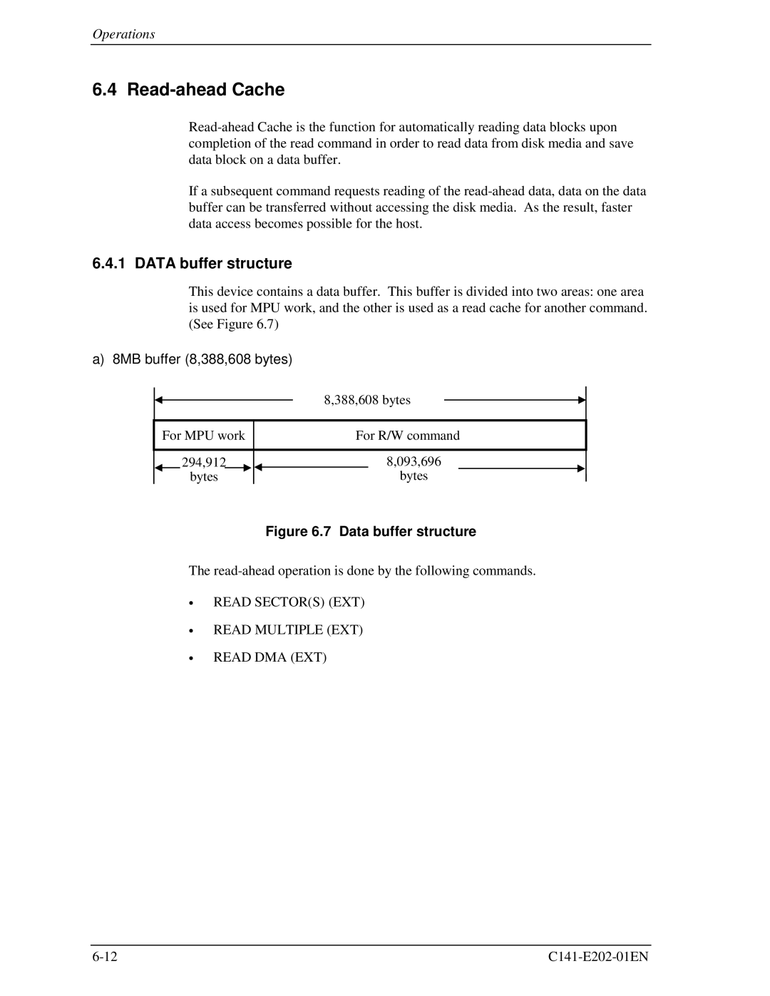 Fujitsu MHU2100AT manual Read-ahead Cache, Data buffer structure, 8MB buffer 8,388,608 bytes 